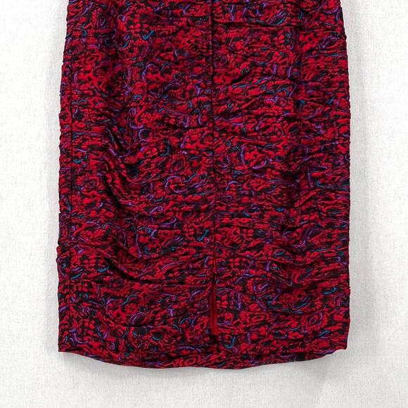 RAUL BLANCO Vintage 80s Silk Pencil Skirt 12 Red Multi Scrunch Ruched Printed - Picture 7 of 15
